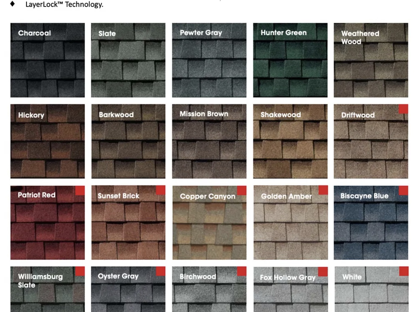 GAF Timberline HDZ shingle color chart showing all available options