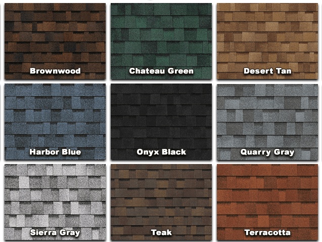 Owens Corning Duration shingle color chart showing all available options